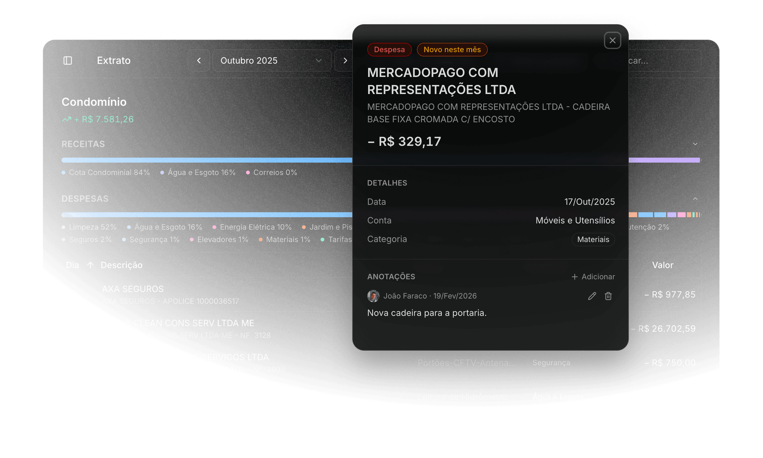 Extrato detalhado com painel de transação e anotações